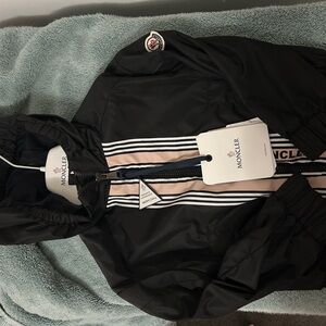 Moncler Black Hooded Jacket with Pink Stripes